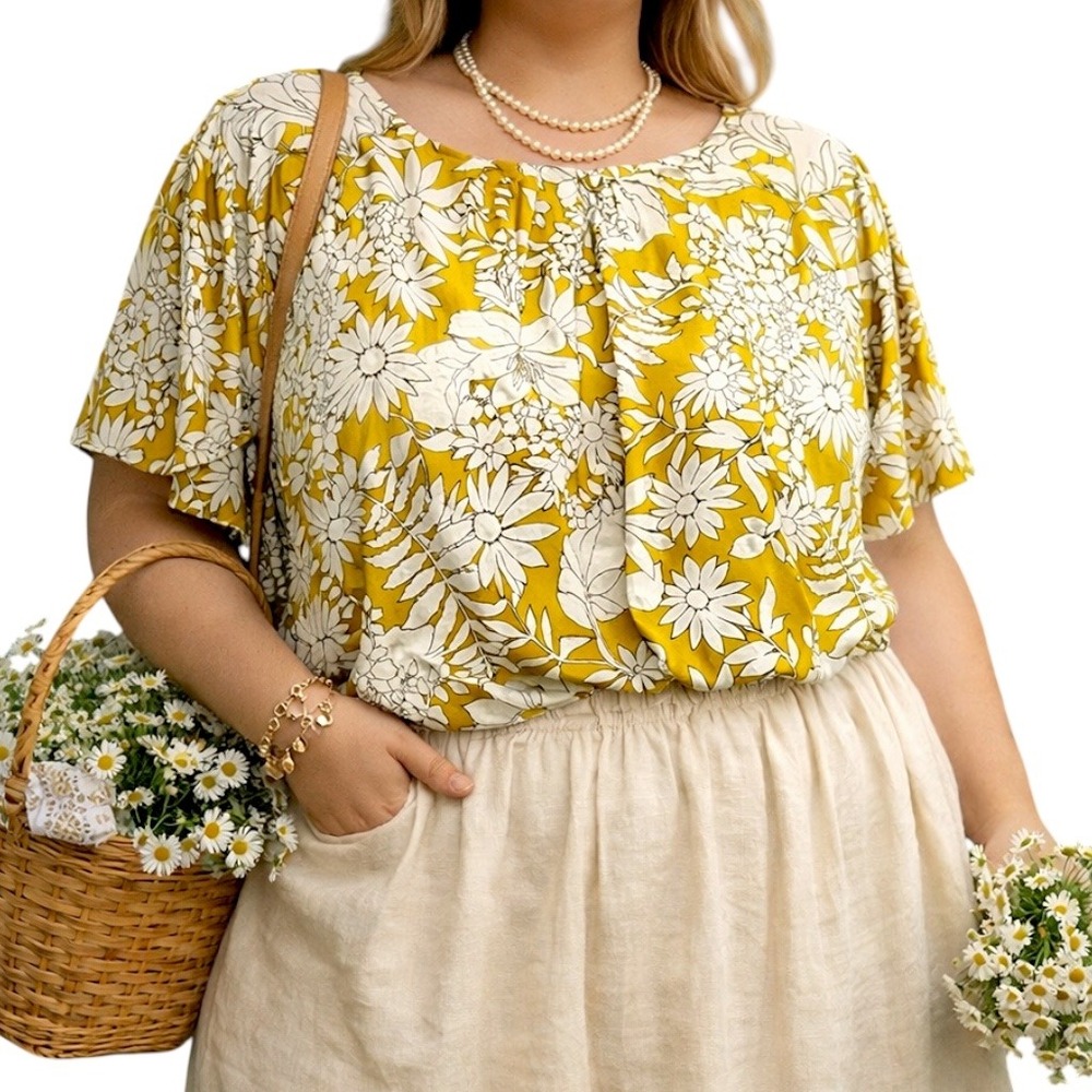 Boden Yellow & White Floral Short Sleeve Blouse